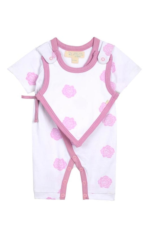 Smart Short Sleeve Kimono Romper + Bib - Pink Rose